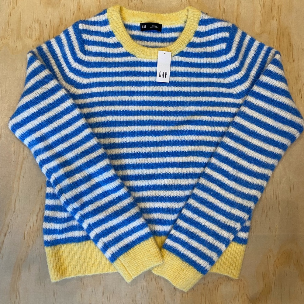 GAP Women’s Blue & White Stripe Sweater with Yellow Trim
